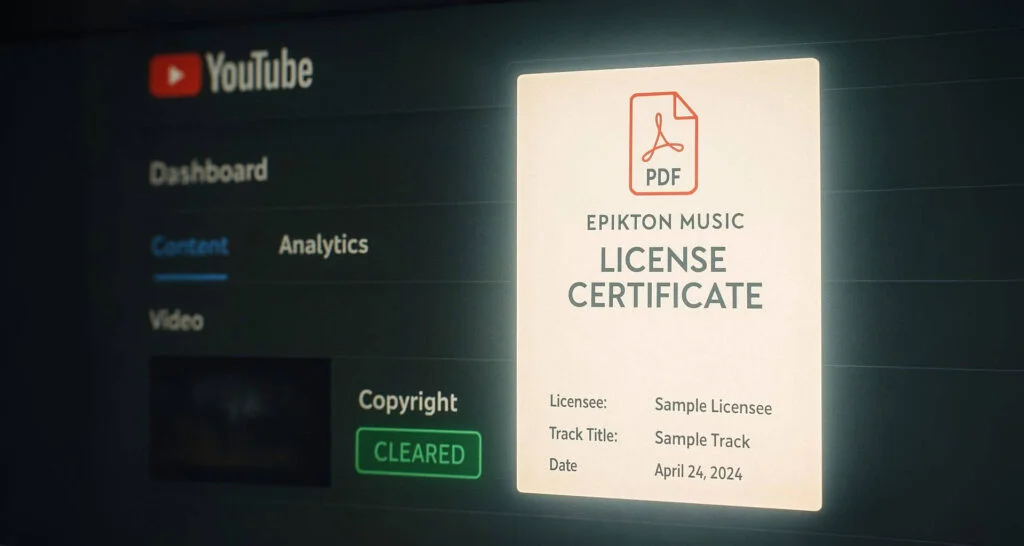Copyright claim YouTube được clear bằng certificate license nhạc PDF của Epikton