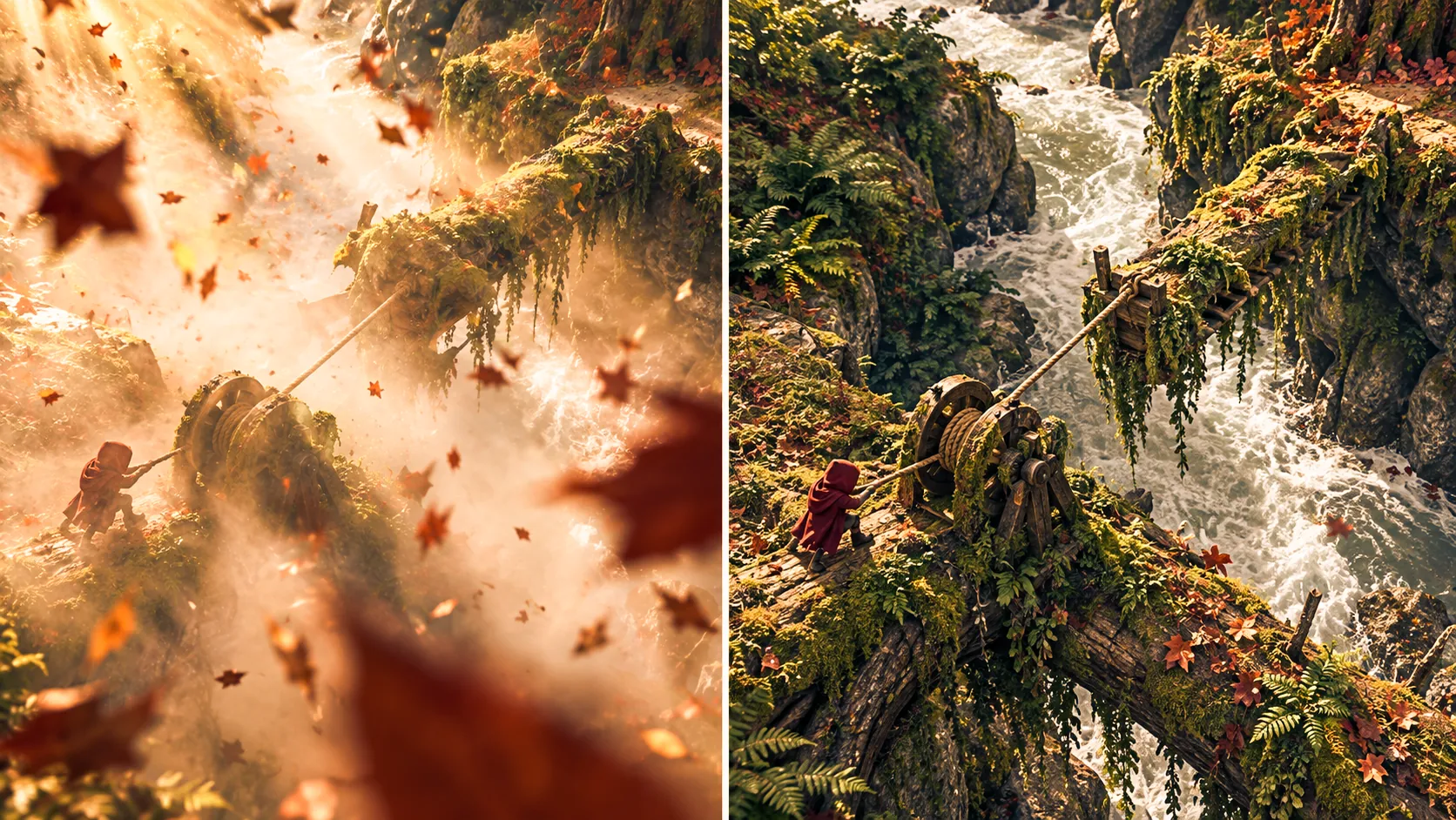 The same bridge mechanic: obscured by spectacle versus clearly showing action and consequence.