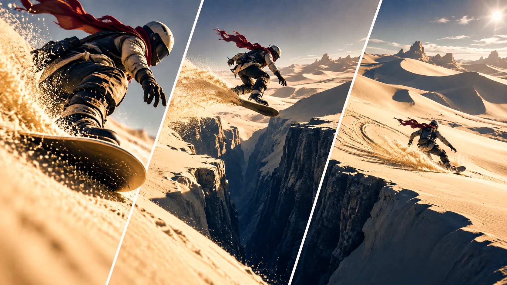 Three rapid sandboarding moments make action and payoff readable immediately.