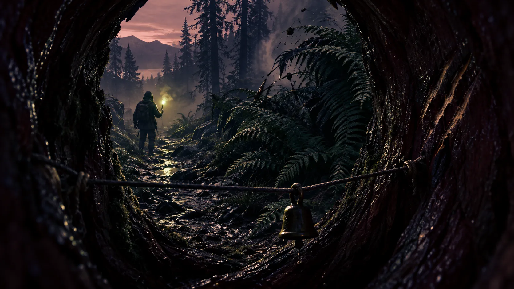 A readable path and warning bell reveal the mechanic while an unseen threat builds dread.