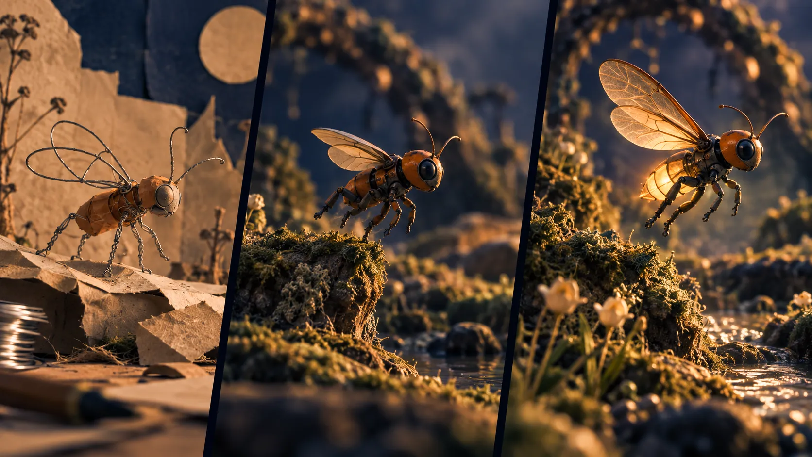 One mechanical firefly evolves from prototype to finished creature across three updates.