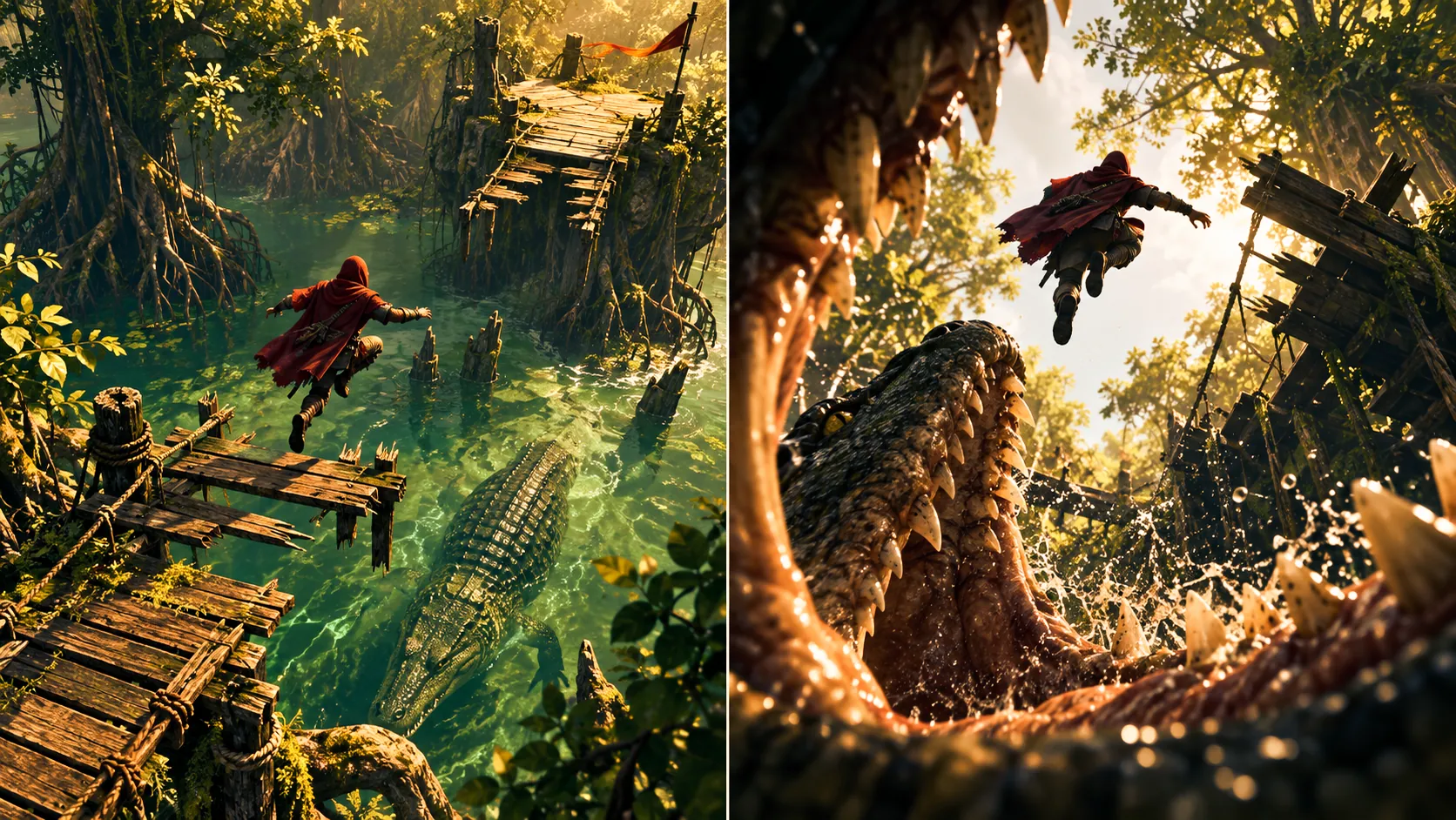 The same jump: readable gameplay camera versus a dramatic cinematic angle.