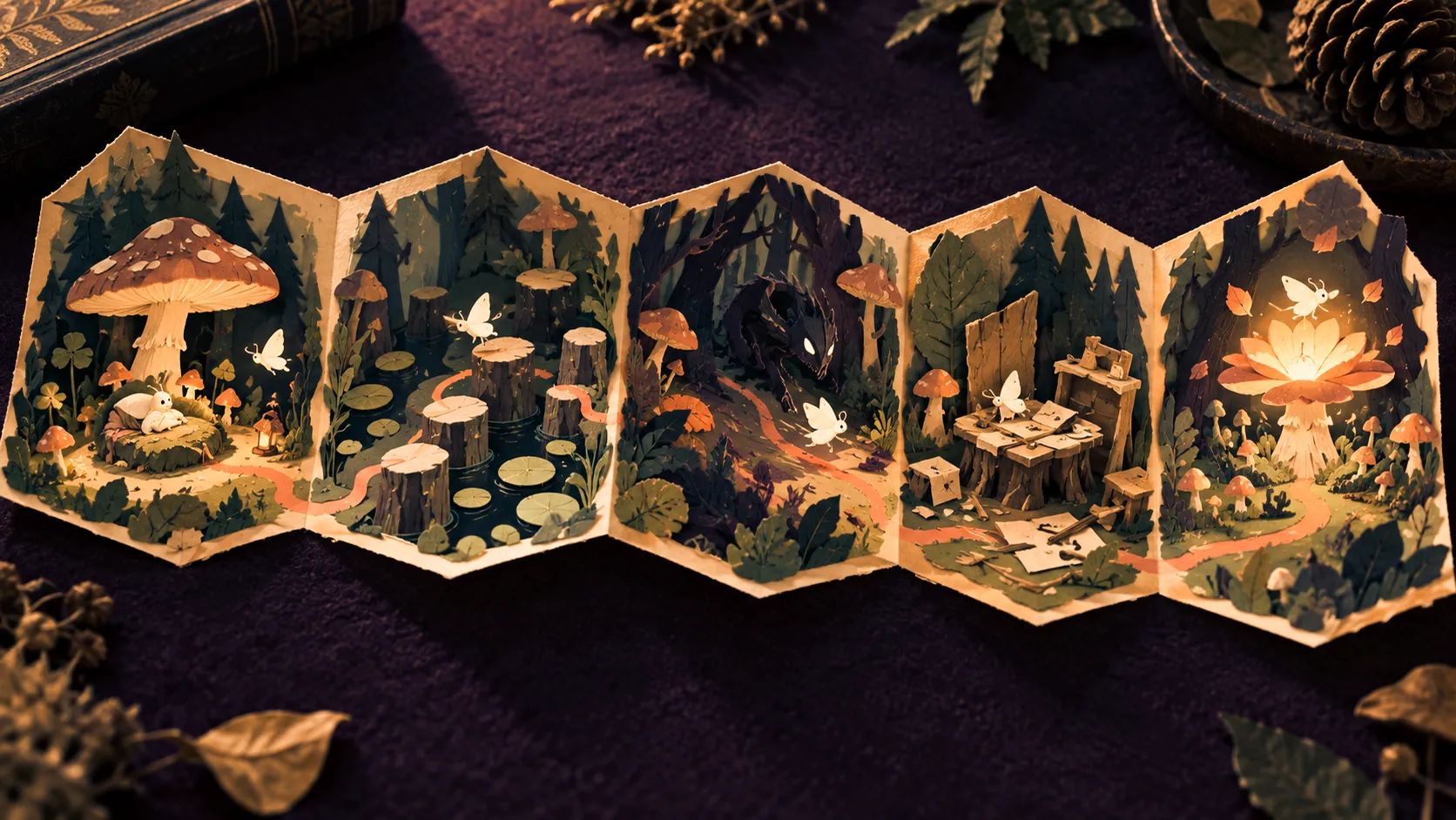 Five scenes share one moth and forest world across the needs of a first game.
