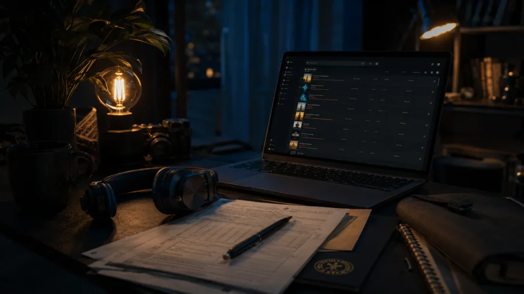 Royalty-free music guide hero with license proof desk, headphones, and dark Epikton search interface