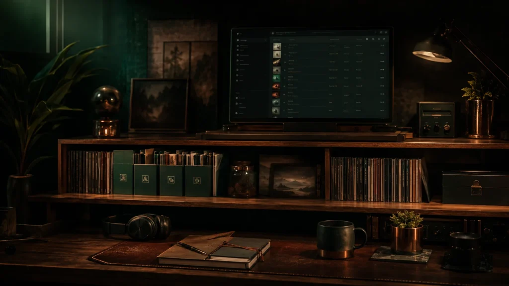 Small music library hero with organized music shelf, studio desk, and dark search interface