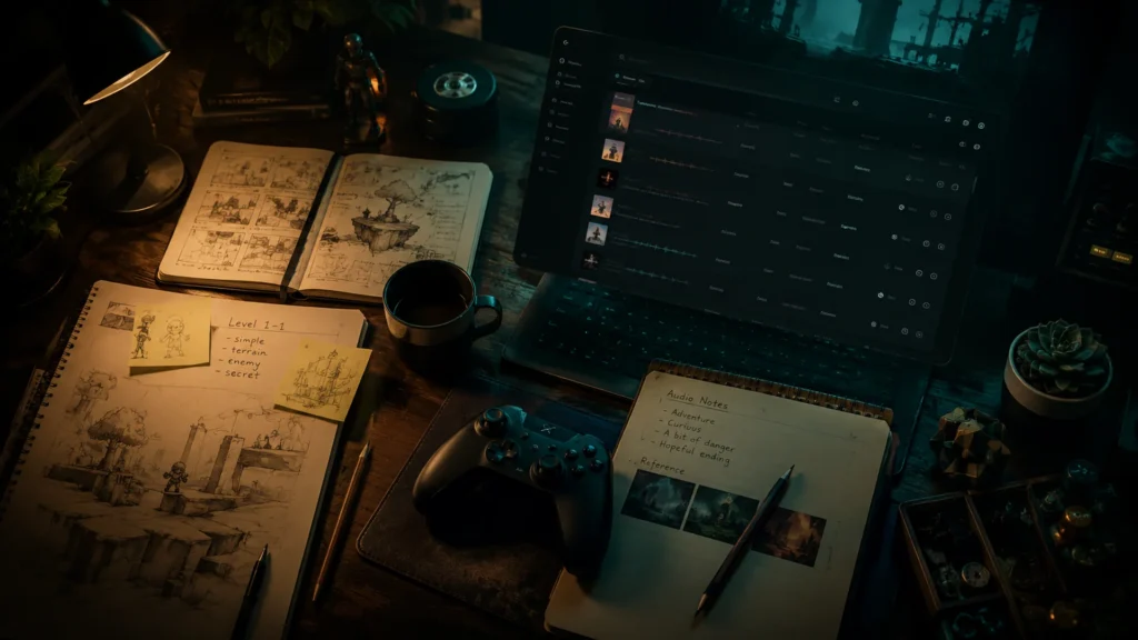 First indie game music planning hero with game sketches, controller, and dark Epikton search interface