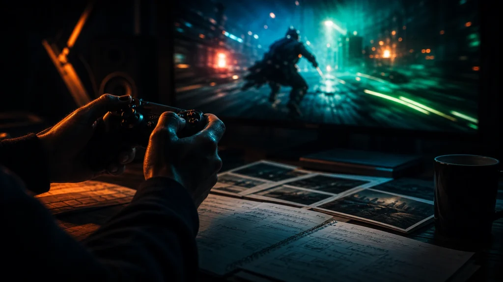 Indie game trailer music hero with controller, gameplay light, and trailer planning notes