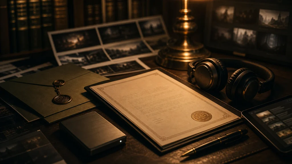 Indie game music licensing hero with license document, headphones, and proof materials