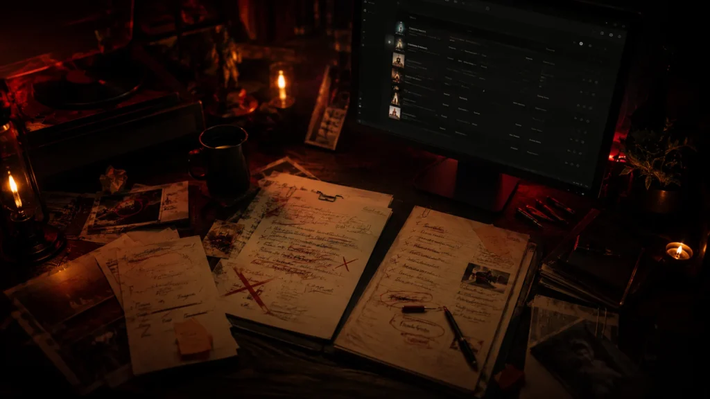 Music licensing mistakes hero with red-lit proof desk, checklist papers, and dark search interface