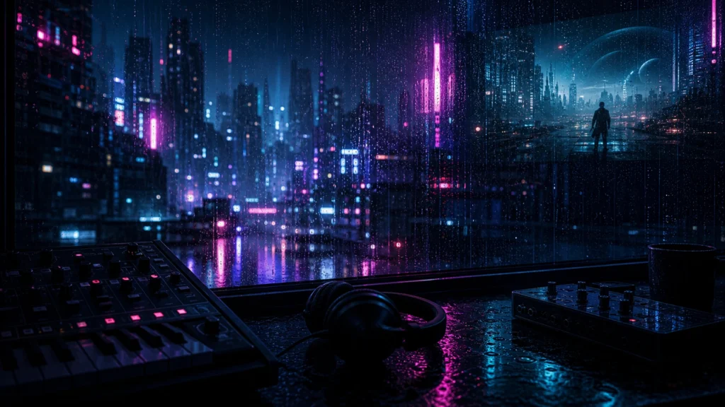 Cyberpunk sci-fi game trailer music hero with neon rain and synth studio atmosphere
