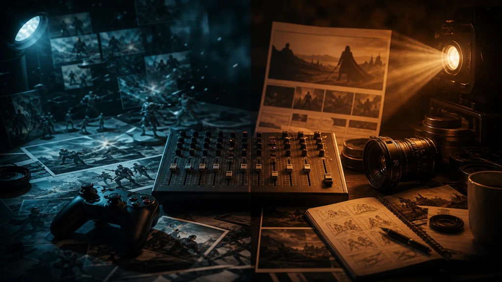 Gameplay trailer versus cinematic trailer music hero with split cold and warm studio lighting