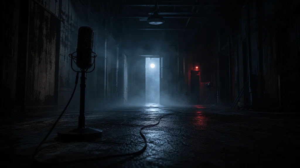 Horror game trailer music hero with microphone in a dark atmospheric hallway