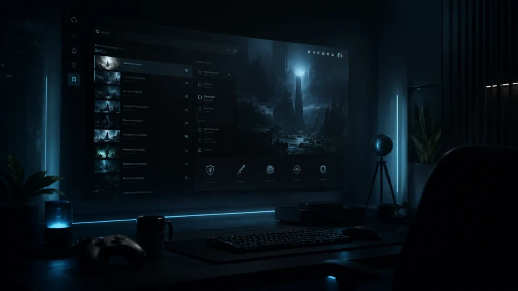 Game menu and UI music hero with blue interface room and dark atmospheric menu screen