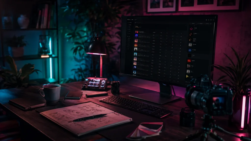 First YouTube channel music consistency hero with creator studio lighting and dark search interface