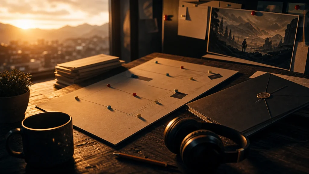 Kickstarter game trailer music hero with sunrise campaign planning board and headphones