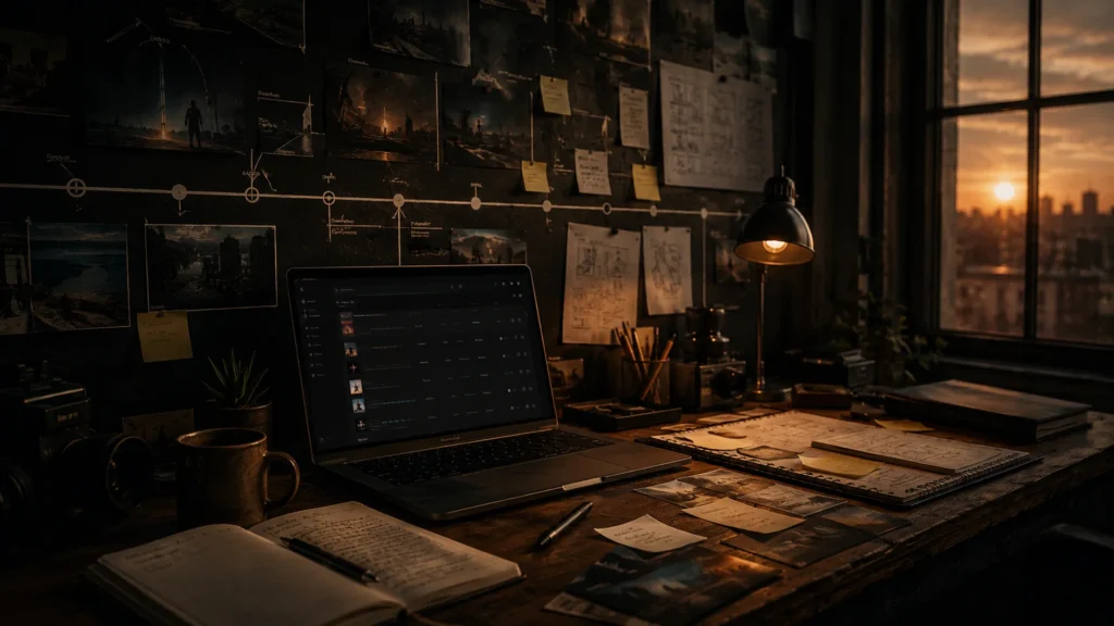 First project launch music hero with rollout planning wall, desk, and dark search interface